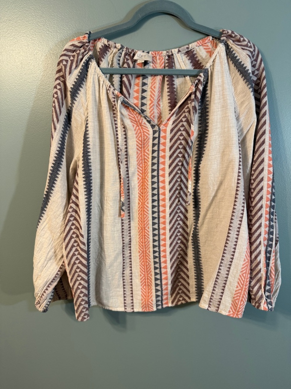LOFT Cream, Coral & gray Striped Boho Peasant Blouse